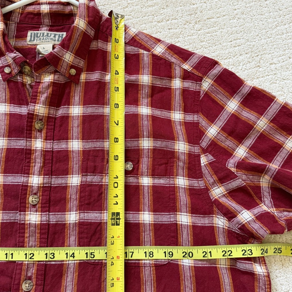 Duluth Trading Co Mens Large Red Plaid Hemp Organic Cotton Short Sleeve Shirt - Picture 4 of 10